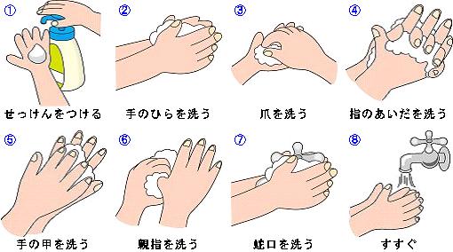 １石鹸をつける　２手の平を洗う　３爪を洗う　４指の間を洗う　５手の甲を洗う　６親指を洗う　７蛇口を洗う　８すすぐ